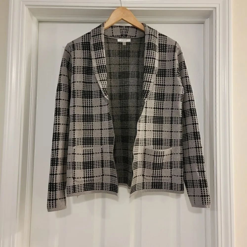 Sioni Open Front Plaid Cardigan Black Gray size small
